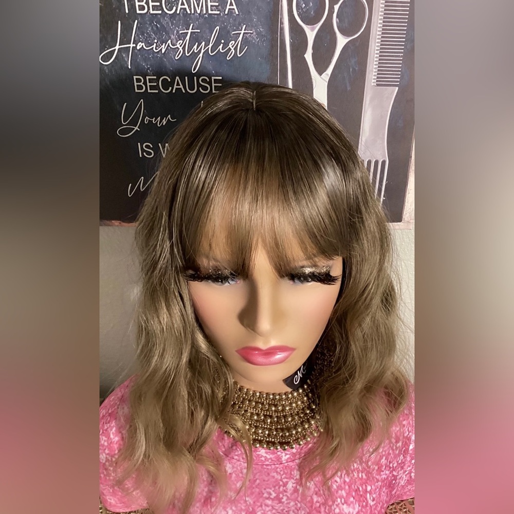 Two tone light wave synthetic wig for woman with bang.